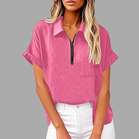 T-shirts for Women Plus Size Short Sleeve Lapel Loose Zip Tunic Summer Work Clothes Shirt Blouse Hot Pink M