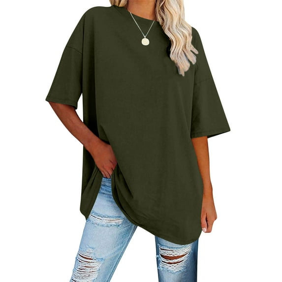 T-shirts for Women Plus Size Short Sleeve Round Neck Solid Loose Cotton Tops Army Green M