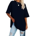 thumbnail image 1 of T-shirts for Women Plus Size Short Sleeve Round Neck Solid Loose Cotton Tops Navy M, 1 of 6