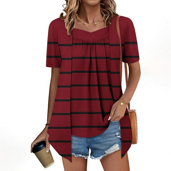T-shirts for Women Plus Size Short Sleeve Square Collar Stripe Printed Pleats Blouses Red M