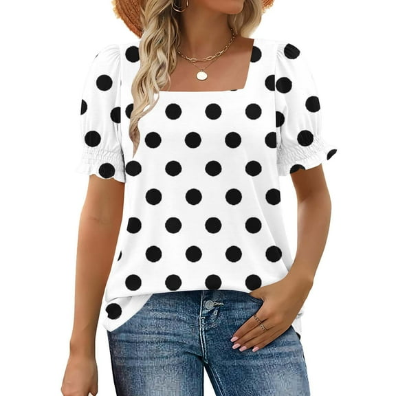 T-shirts for Women Plus Size Short Sleeve Square Neck Polka Dot Printing Casual Loose T-shirt White M