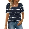 thumbnail image 1 of T-shirts for Women Plus Size Short Sleeve Square Neck Stripe Printing Casual Loose T-shirt Dark Blue M, 1 of 6