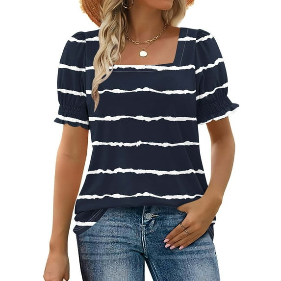 T-shirts for Women Plus Size Short Sleeve Square Neck Stripe Printing Casual Loose T-shirt Dark Blue M