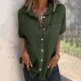 thumbnail image 1 of T-shirts for Women Plus Size Short Sleeve V-Neck Turdown Collar Cotton Linen Button Pocket Loose Tunic Summer Blouse Army Green M, 1 of 6
