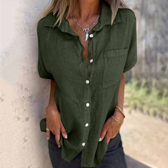 T-shirts for Women Plus Size Short Sleeve V-Neck Turdown Collar Cotton Linen Button Pocket Loose Tunic Summer Blouse Army Green M
