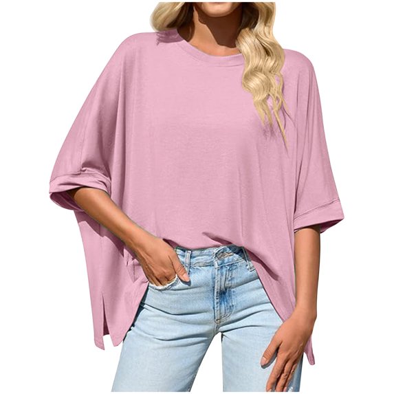 T-shirts for Women Plus Size Short Sleeved Round Neck Loose Casual Solid Color T-shirt Pink M