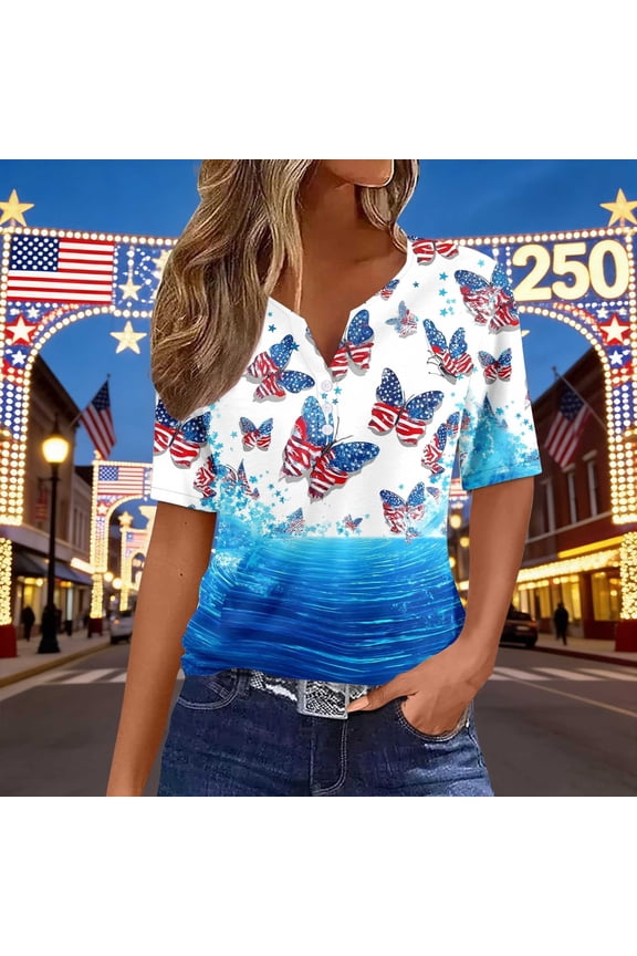 T-shirts for Women Short Sleeve Patriotic Graphic V Neck Tees Casual 4th Of July Womens Plus Size 250 Anniversary USA Shirt Sky Blue S