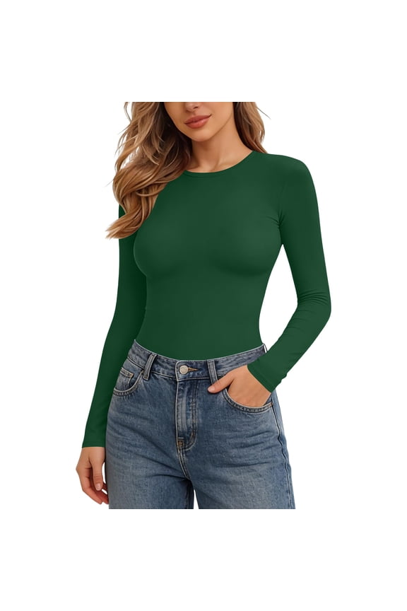 T-shirts for Women Slim Fitted Crewneck Long Sleeve Tight Base Tees Solid Color Casual Spring Going Out Tops (M, Green)