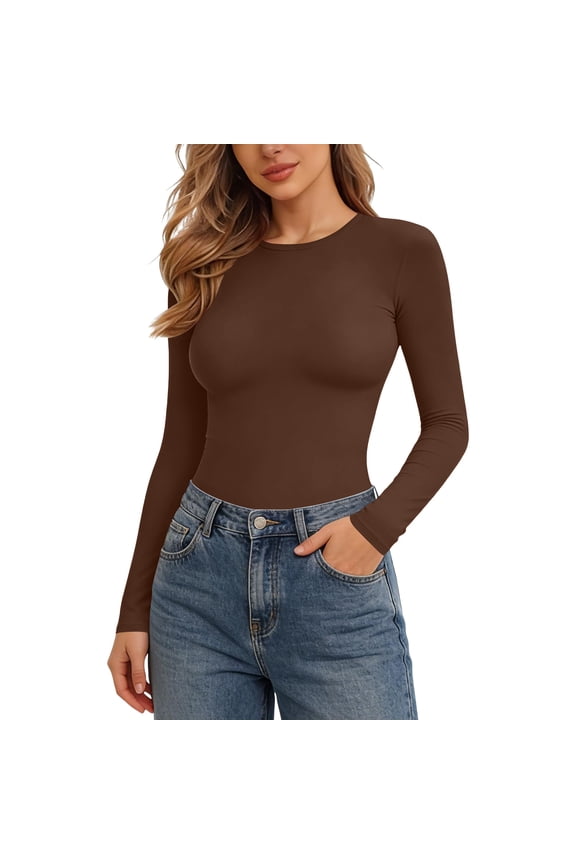 T-shirts for Women Slim Fitted Crewneck Long Sleeve Tight Base Tees Solid Color Casual Spring Going Out Tops (XS, Coffee)
