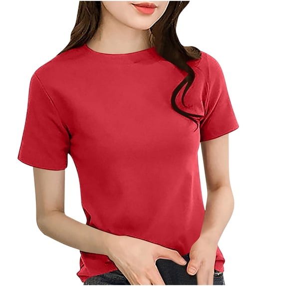 T-shirts for Women Summer Basic Tee Shirt Short Sleeve Crewneck Plain Tshirts Fitted Casual Tops Base Layer (2XL, Red)