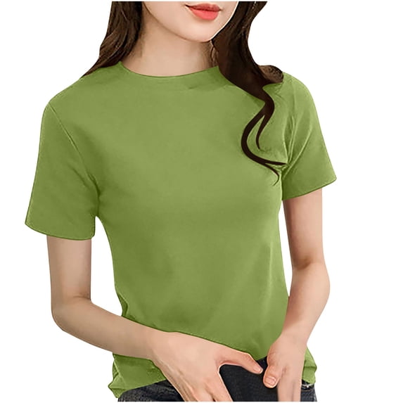 T-shirts for Women Summer Basic Tee Shirt Short Sleeve Crewneck Plain Tshirts Fitted Casual Tops Base Layer (L, Green)