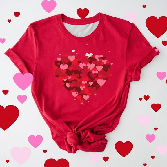 T-shirts for Women Valentine's Day Shirt Valentine's Day Printed T-shirt Short Sleeve Round Neck Pullover Blouses Top Spring Summer Clothes
