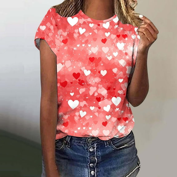 T-shirts for Women Valentine's Day Shirt Valentine's Day Printed T-shirt Short Sleeve Round Neck Pullover Blouses Top Women's Spring Summer Clothes