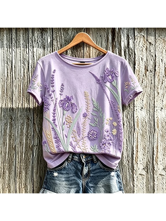 T shirts for Women Women's Crew Neck Short Sleeve Tops Purple Awareness Ribbon Hummingbird Print Casual Loose Fit Support Daily Blouses