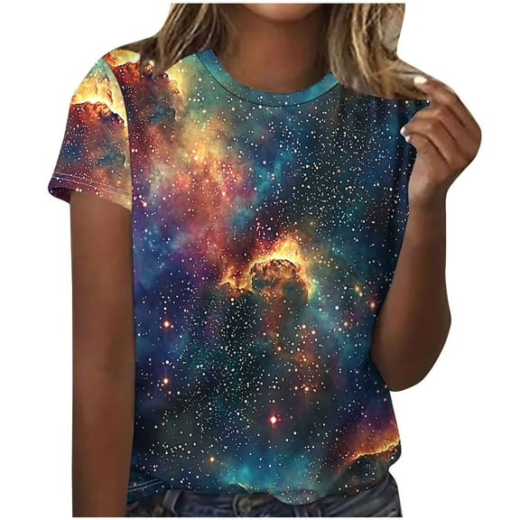 T-shirts for Womens on Sale!2025 New Starry Sky Print Shirts Summer Short Sleeve Top Casual Round Neck Blouses Loose Pullover Tops Style 02 L