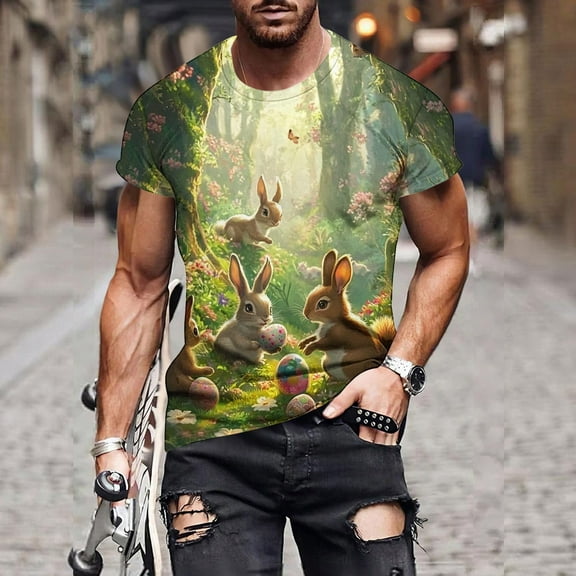 T-shirts for men Plus Size under $5 Easter Print Round Neck Short Sleeve T-Shirt Comfortable Top Green M