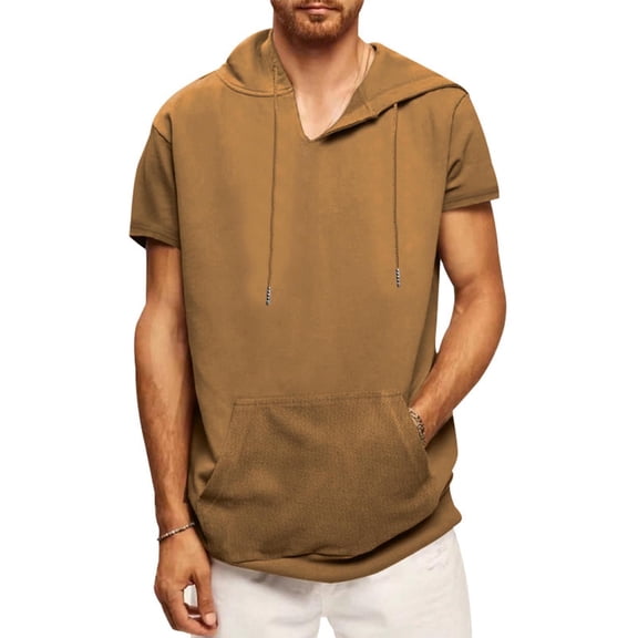 T-shirts for men Plus Size under $5 Short Sleeve Hooded Solid Color Shirt Casual Hoodie Top Coffee L