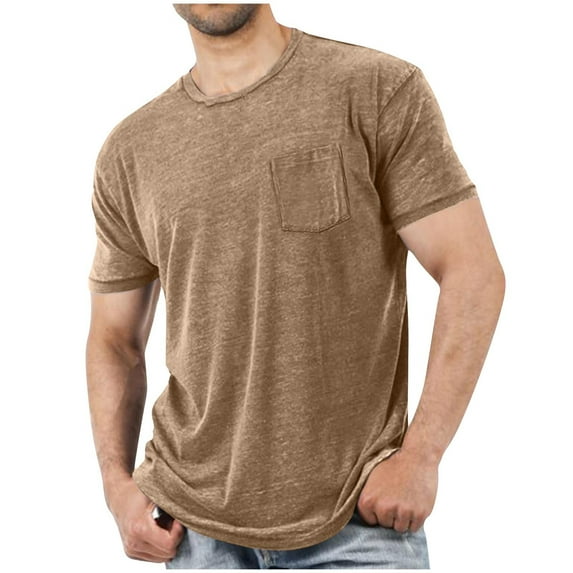 T-shirts for men Plus Size under $5 Short Sleeve Pocket Round-Neck Cotton Tops Casual Basic Tops Khaki XXXL