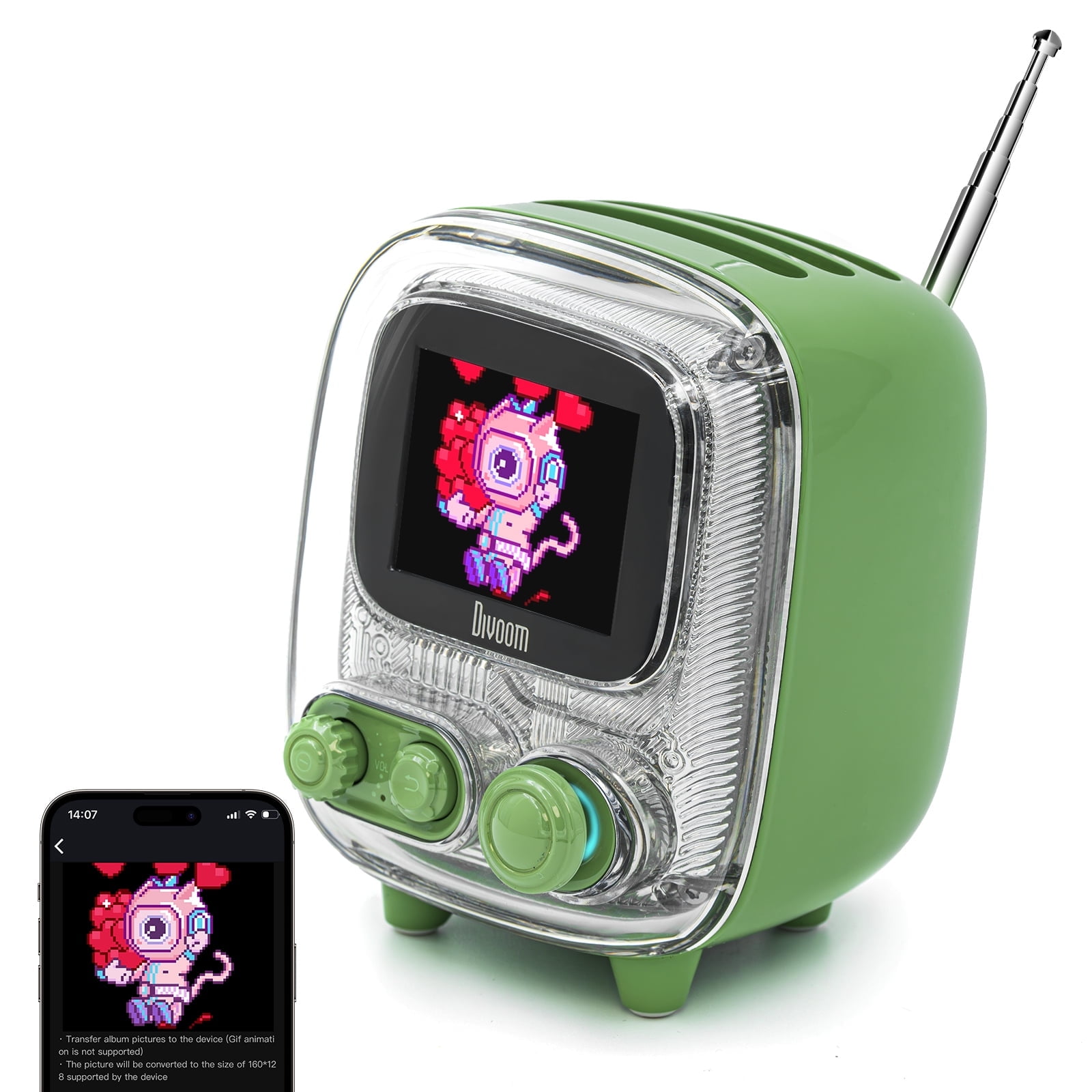 Divoom Tiivoo-2 Portable Bluetooth Speaker with FM Radio,Pixel Art Retro Mini Small Cute Wireless Speaker,Vintage Decor Suitble for Party Office Desk Home Bedroom Kitchen,Retro Green