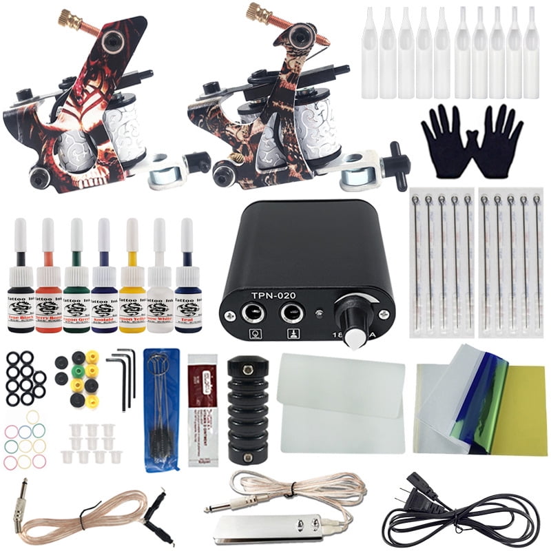 Tttoo Machine Kit TTOOGO Dual Coil Mini Tttoo Practice Set with Stainless Pedal, Power Supply, 7 Color Inks, and Accessories for Beginners