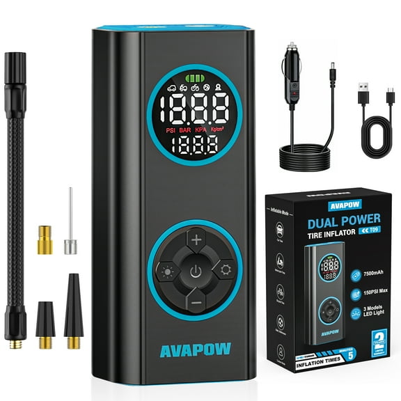 AVAPOW T09 Dual Power Portable Tire Inflator, 150 PSI Cordless Air Compressor with Digital Gauge and Auto Shut-Off for Cars, Bikes and Motorcycles