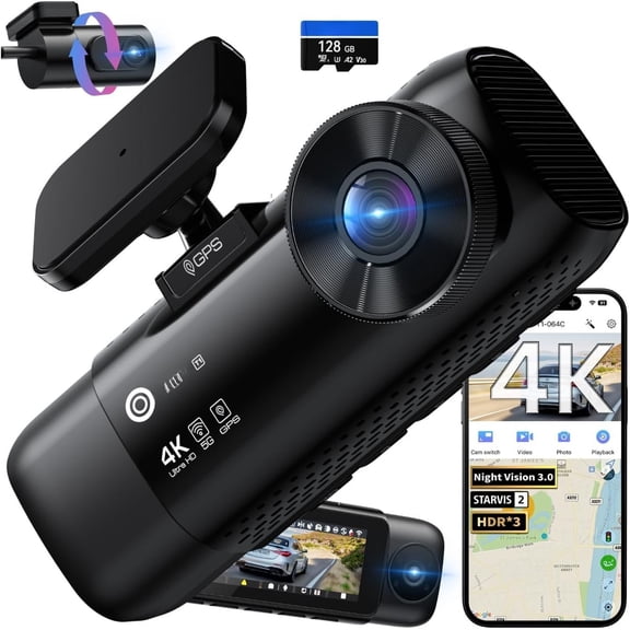 T1 4K 3 Dash Cam, STARVIS 2 IMX678 Sensors, Free 128GB Card, 2025 Full Color HDR Night Vision, 4K+1080P+1080P Triple Camera,5G WiFi, 24H Parking Mode, Support 512GB Max