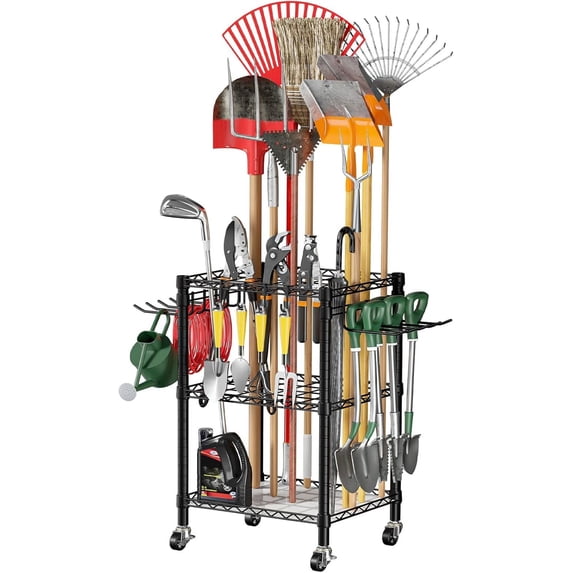 T1 Garden Tool Organizer(With Lockable Wheels)Heavy Duty Garage Tool Storage for Yard,Shed,Outdoor and Lawn,Freestanding Tool Organizers and Storage UP to 50 Tools,Black with Anti-Tip Device