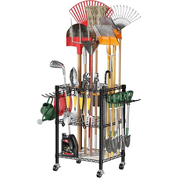 T1 Garden Tool Organizer（With Lockable Wheels）Heavy Duty Garage Tool Storage for Yard，Shed，Outdoor and Lawn，Freestanding Tool Organizers and Storage UP to 50 Tools，Black with Anti-Tip Device