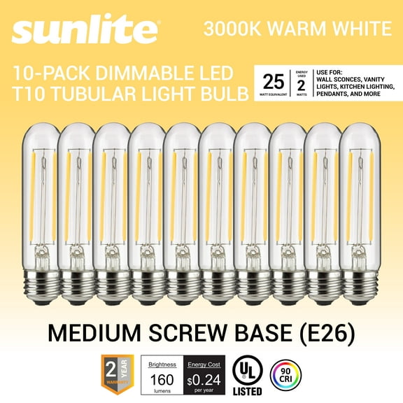 Sunlite LED Filament T10 Tubular Light Bulb, 2 Watts (25W Equivalent), 160 Lumens, Medium E26 Base, 120 Volts, Dimmable, 90 CRI, UL Listed, Clear, 3000K Warm White, 10 Pack