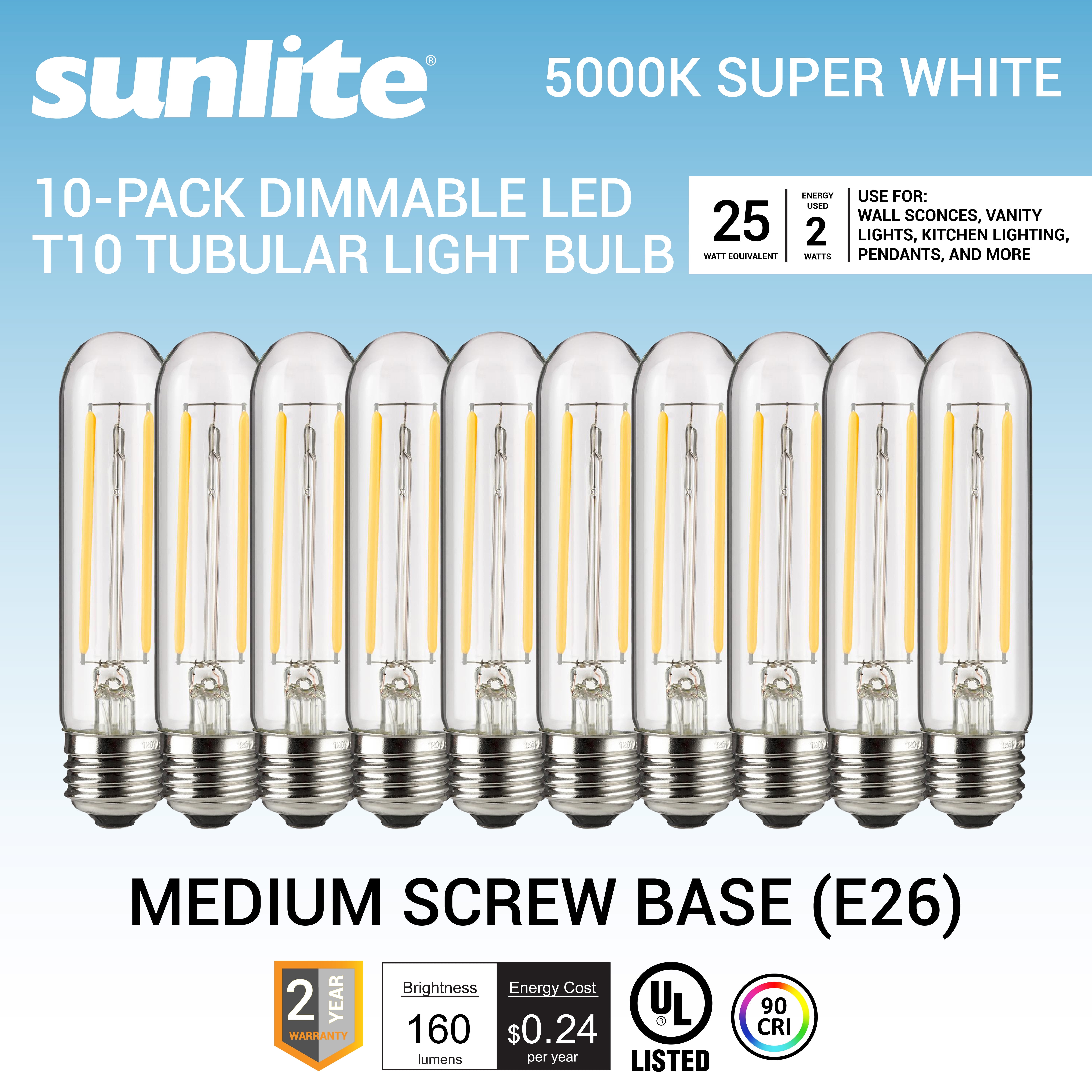 Sunlite LED Filament T10 Tubular Light Bulb, 2 Watts (25W Equivalent), 160 Lumens, Medium E26 Base, 120 Volts, Dimmable, 90 CRI, UL Listed, Clear, 5000K Daylight, 10 Pack
