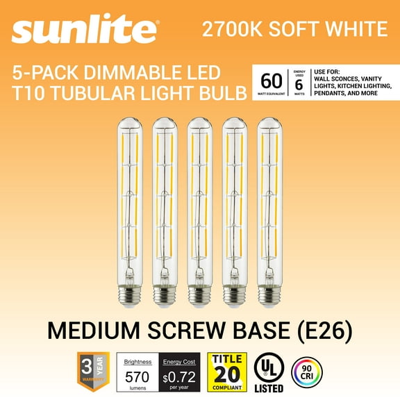 Sunlite LED Filament T10 Tubular Light Bulb, 6 Watts (60W Equivalent), 570 Lumens, Medium E26 Base, 120 Volts, Dimmable, 90 CRI, UL Listed, Clear, Title-20 Compliant, 2700K Soft White, 5 Pack