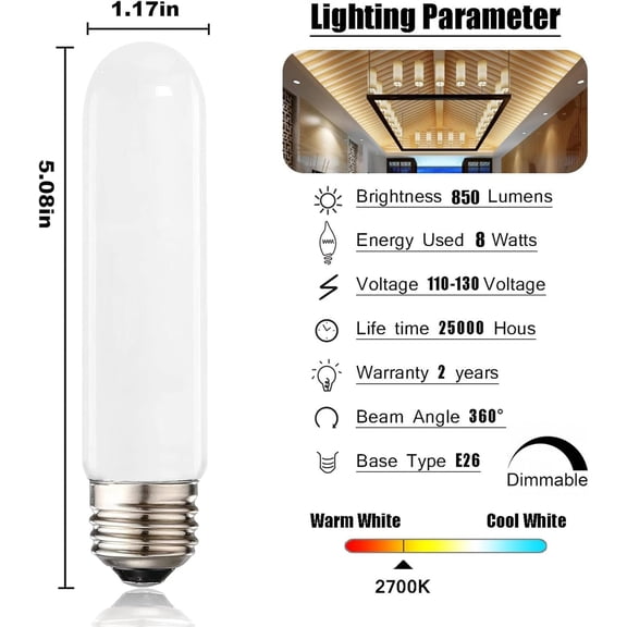 T10 led Bulb, Dimmable T10 Frosted led Light Bulbs,8W Led Tube Bulbs, 60-75 Watt Equivalent,2700K Warm White,E26 Base Bulb for Desk Lamp,Bathroom,Cabinet Display...Milk White-3 Pack