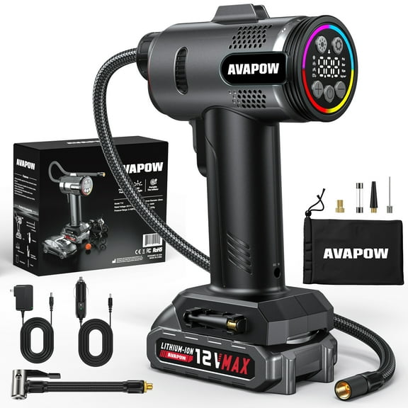 AVAPOW T12 Portable Tire Inflator, 160 PSI Cordless Dual Power Air Compressor with Rechargeable Battery, Digital Gauge and 12V Car Adapter