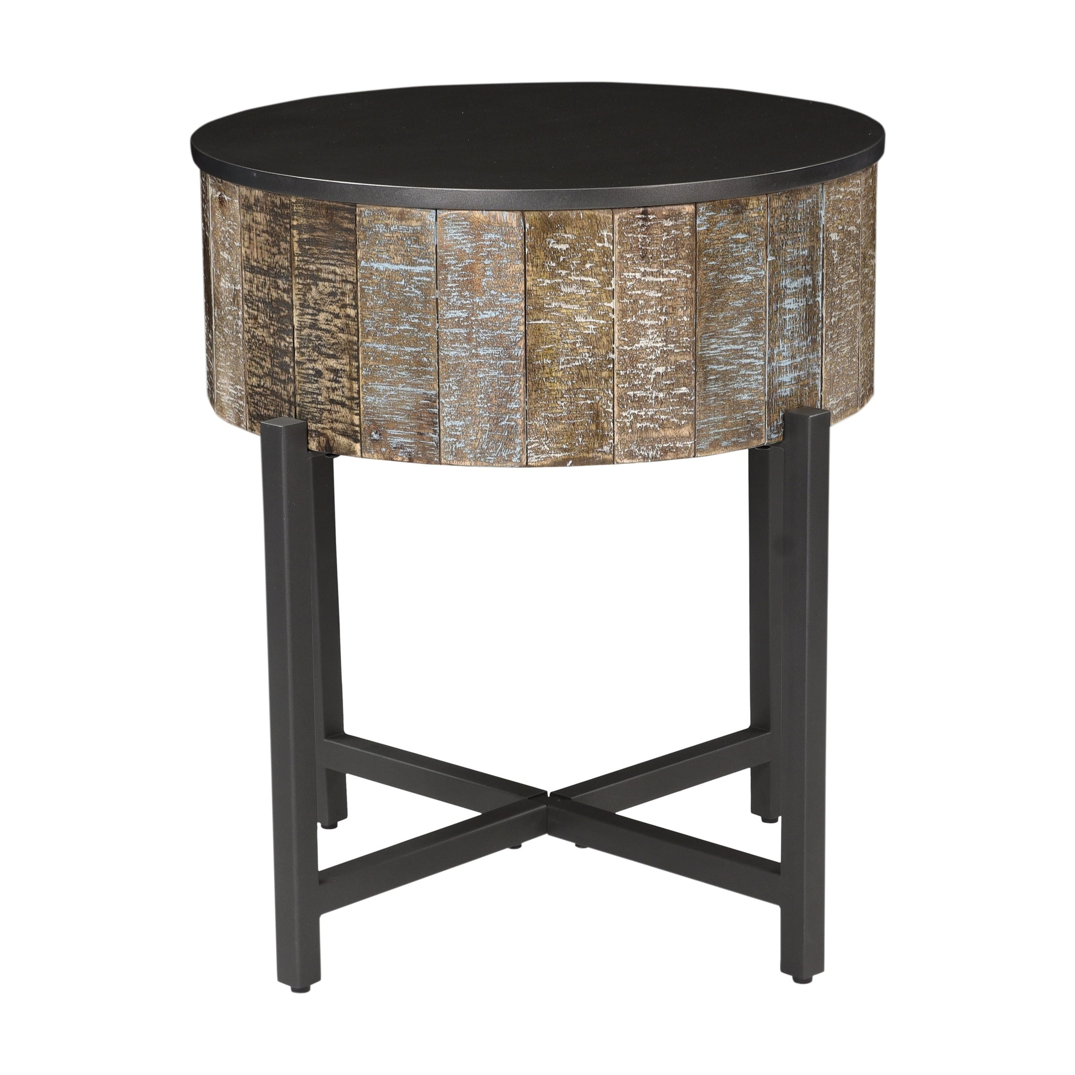 Rustic Vintage Mango Wood and Metal Round End Table