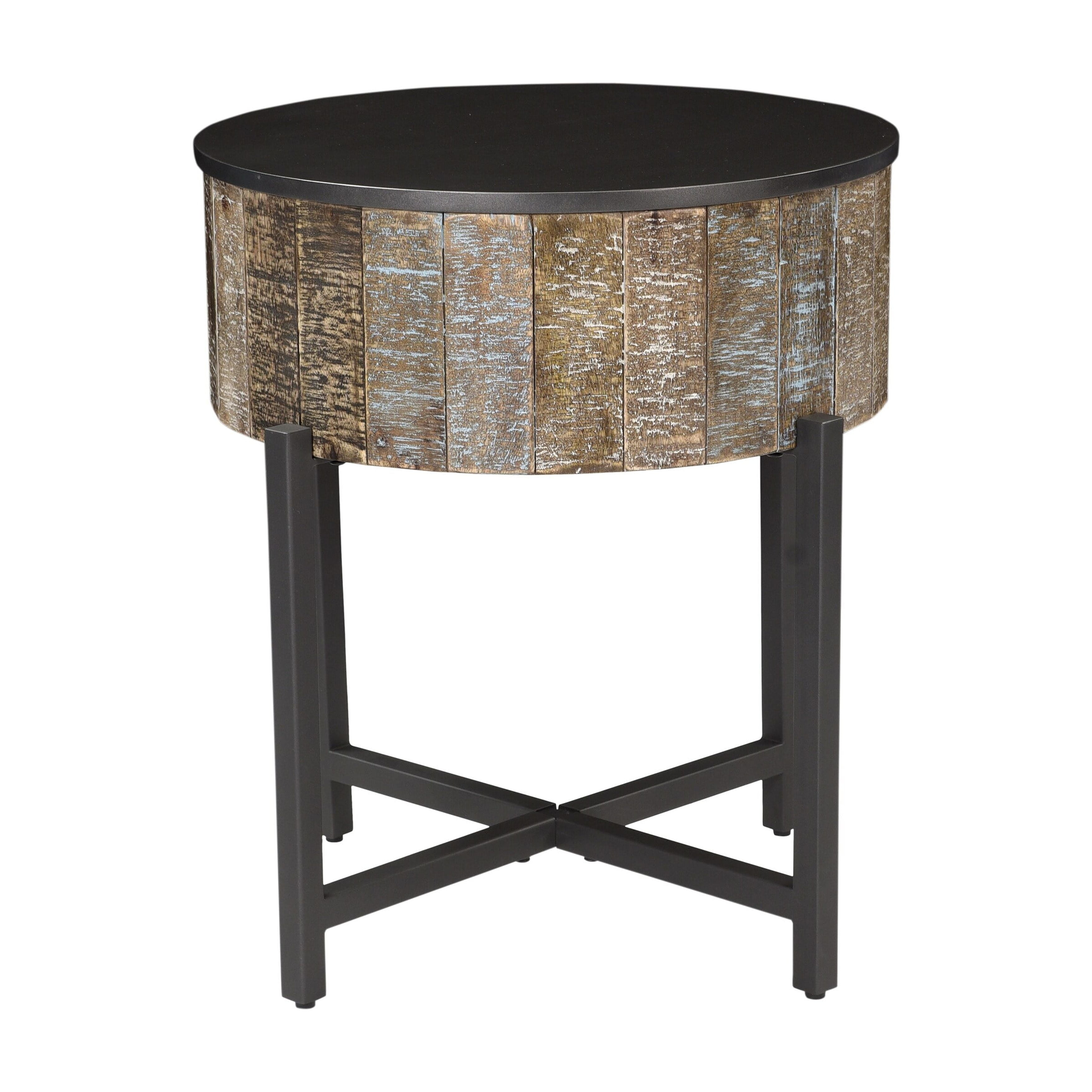 Rustic Vintage Mango Wood and Metal Round End Table
