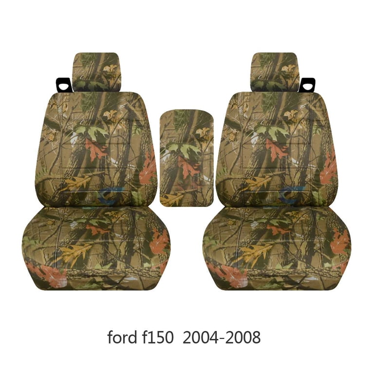 Front Seat Cover Set – Fits Ford F150 Truck 2004-2008 – 5 Pieces (2 Buckets + 2 Headrests + Console Lid Cover) – Camo Wetlands