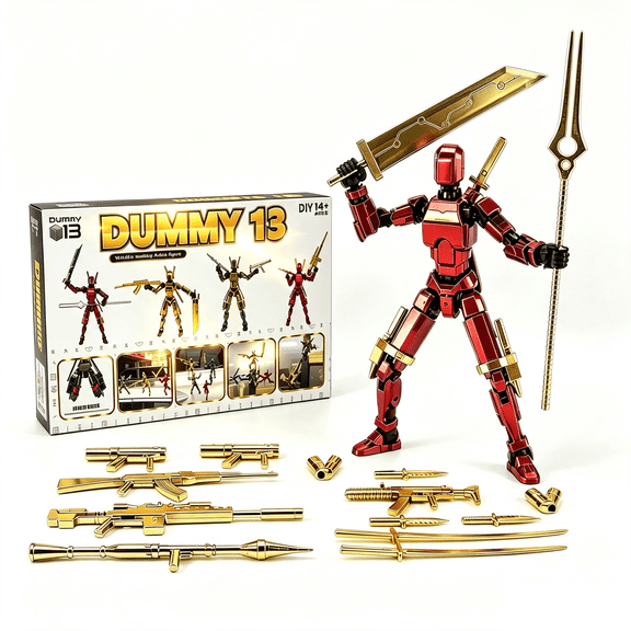 T13 Action Figure Pack Set Box for Gifts Dummy 13 Titan 13 Poseable Robot Figures,DIY Collectible Toys for Kids & Adults, Best Birthday Festival Gift Metallic Red