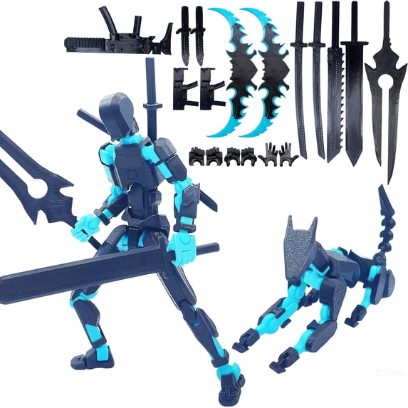T13 Titan 13 3D Printed Action Figure Set, Pre-Assembled Robot with Movable Dog & Interchangeable Weapons (Blue)