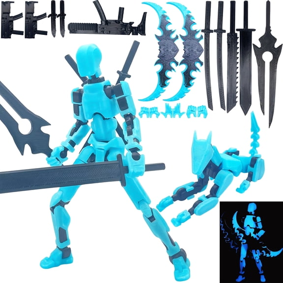 T13 Titan 13 3D Printed Action Figure Set, Pre-Assembled Robot with Movable Dog & Interchangeable Weapons, Grow in The Dark Blue