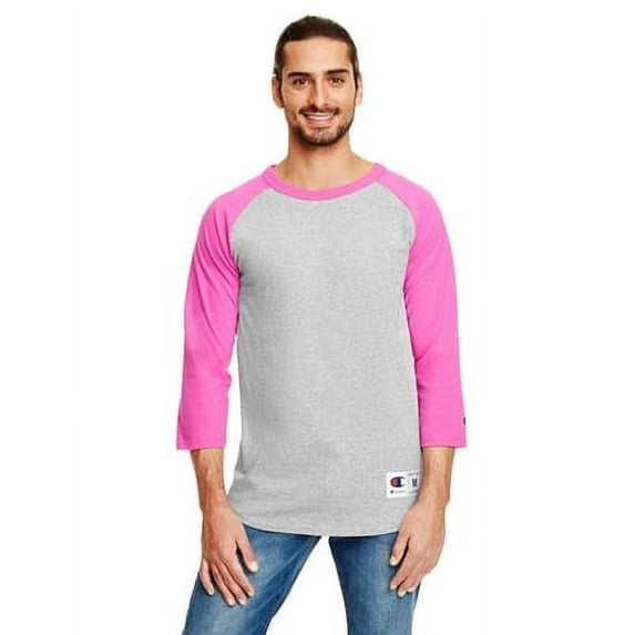 T1397 Champion Tagless Raglan Baseball Jersey Oxford Grey Heather/Pink M