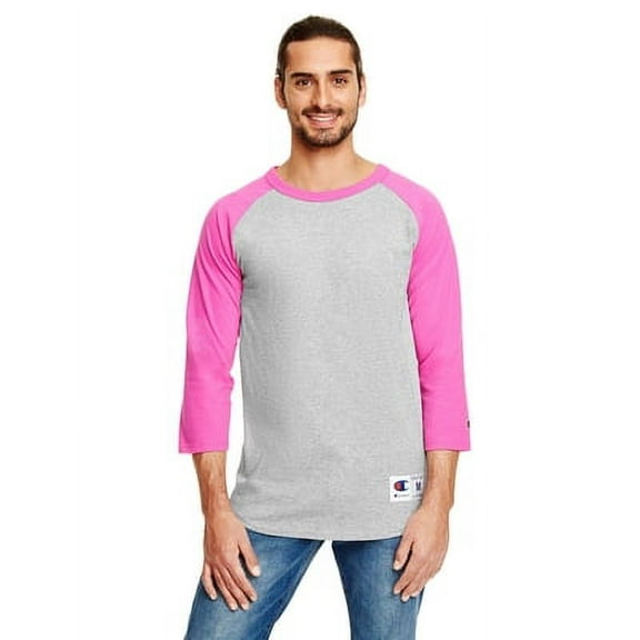 T1397 Champion Tagless Raglan Baseball Jersey Oxford Grey Heather/Pink M
