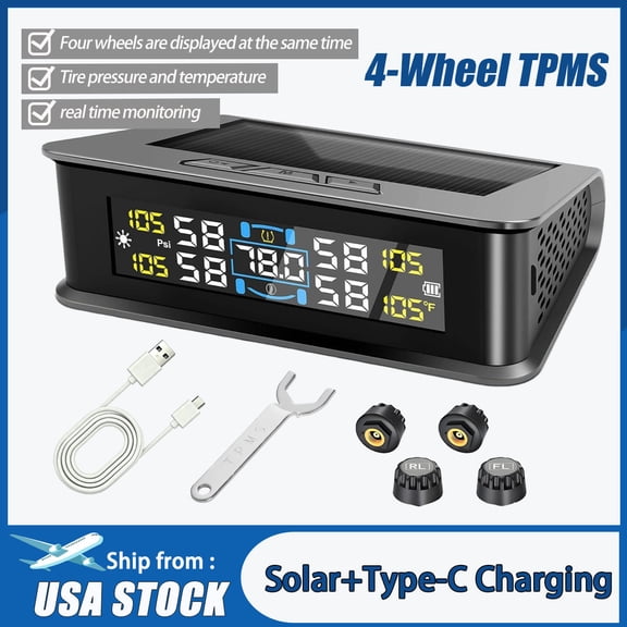 T15 Solar Wireless TPMS - 4 Sensor Tire Pressure Monitoring System with Type-C Charging144 PSI Max Range