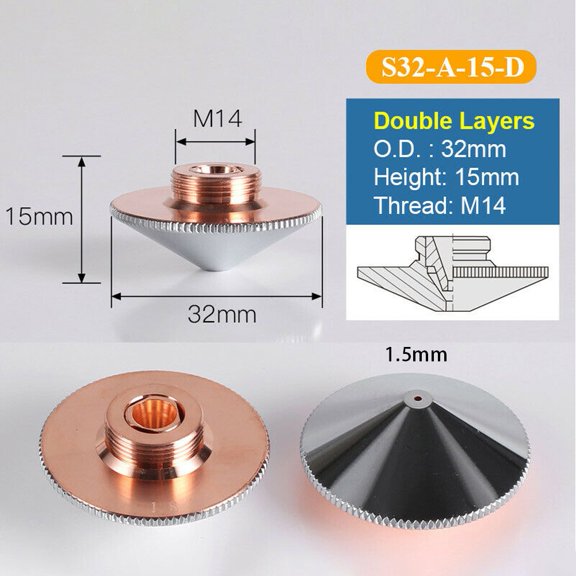 T2 Copper Construction 32mm Cutter Nozzle For Raytools Equipment for Ensures Effective Metal Processing Using Oxygen/Nitrogen Gas(S32-A-15-D 1.5mm)