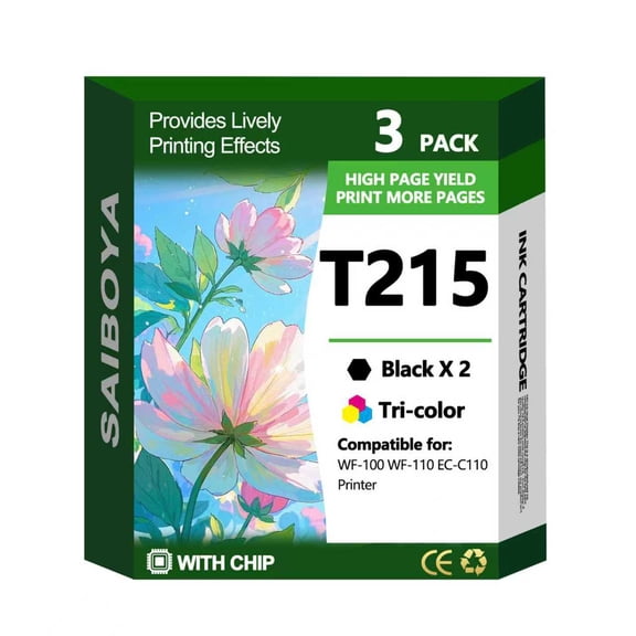 T215 215 Ink Cartridges 3-Pack (2 Black, 1 Tri-Color) with Chip Compatible with Epson WF-100 WF-110 EC-C110 Mobile Printers