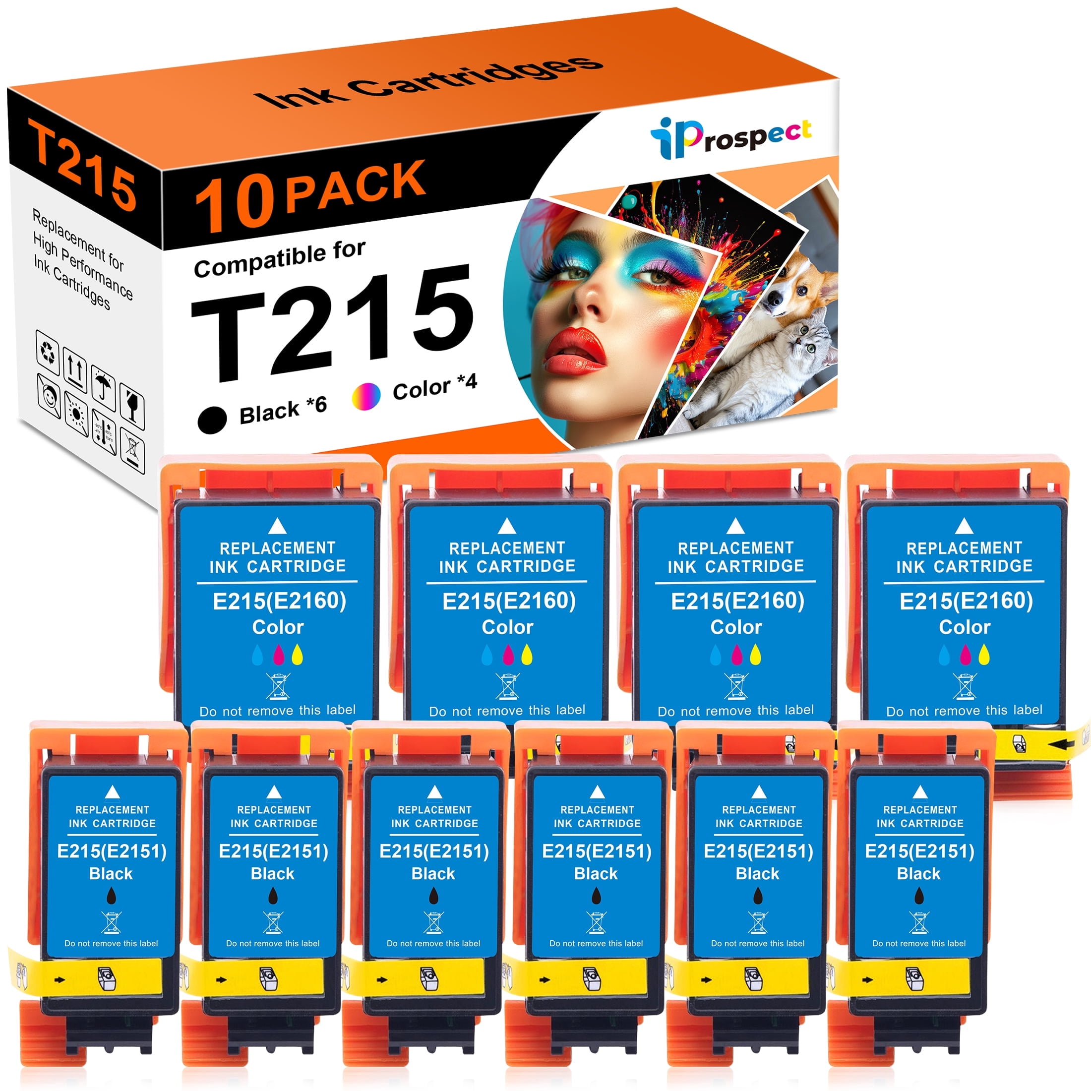 T215 215 Ink Cartridges Compatible Replacement for  T215 Ink for WF-100 WF-110 EC-C110 Mobile Printer, T215120-S T215530-S Pigment (10-Pack: 6 Black, 4 Tri-Color)