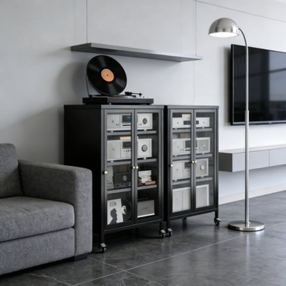 T2398P413024 35.8" High Media Storage Cabinet With Wheels - Heavy-Duty Steel, 4 Adjustable Glass Shelves & Doors, AV Stereo TV Stand For Living Room