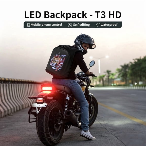 T3 HD LED Waterproof Backpack, Smart Phone Controlled Display Bag for Motorcyclists