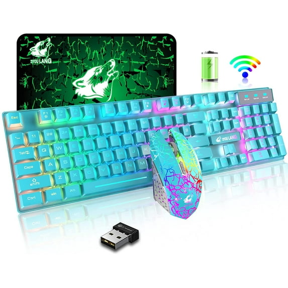 T3 Wireless Keyboard Mouse Combo,Rainbow Backlit 2.4G Rechargeable 2400DPI 6-Button Optical Mice+Pad