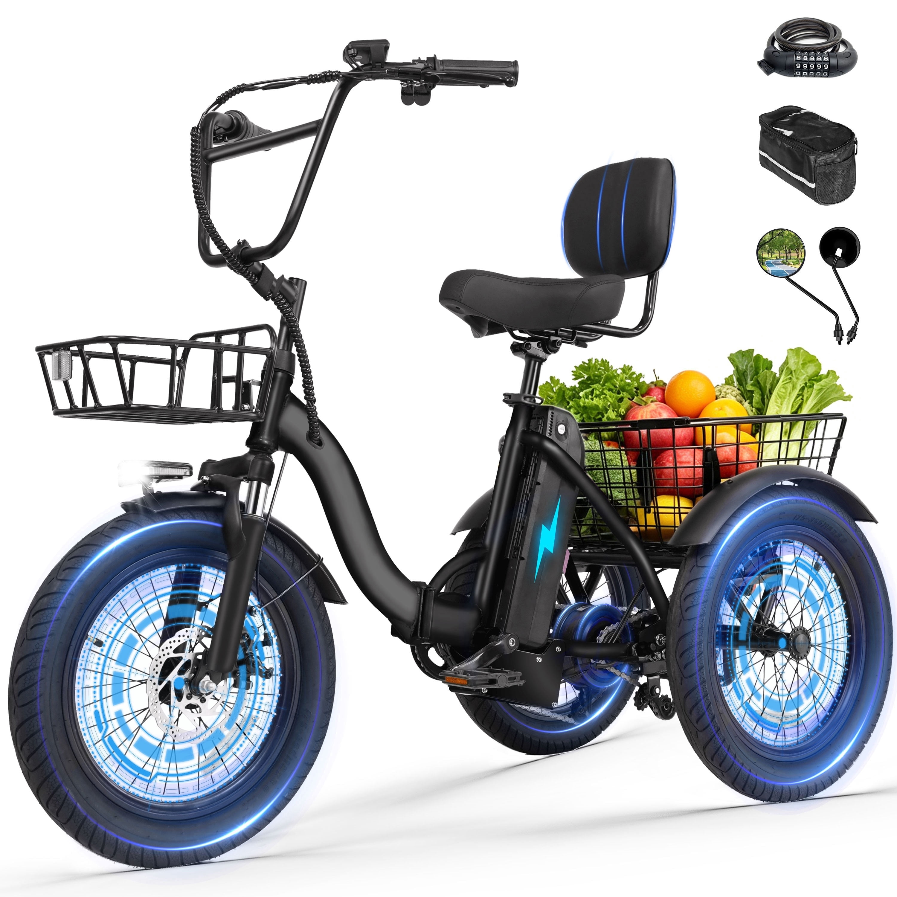 ESKUTE Adult E Trike Electric Tricycle – 750W Brushless Motor, 18+ MPH, Fat Tires, Foldable Step-Thru 3-Wheel E-Bike, Up to 55 Miles, Black with Phone Holder Bag, Mirrors & Lock