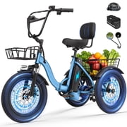 ESKUTE Adult E Trike Electric Tricycle   750W Brushless Motor, 18 MPH, Fat Tires, Foldable Step-Thru 3-Wheel E-Bike, Up to 55 Miles, Blue with Phone Holder Bag, Mirrors & Lock